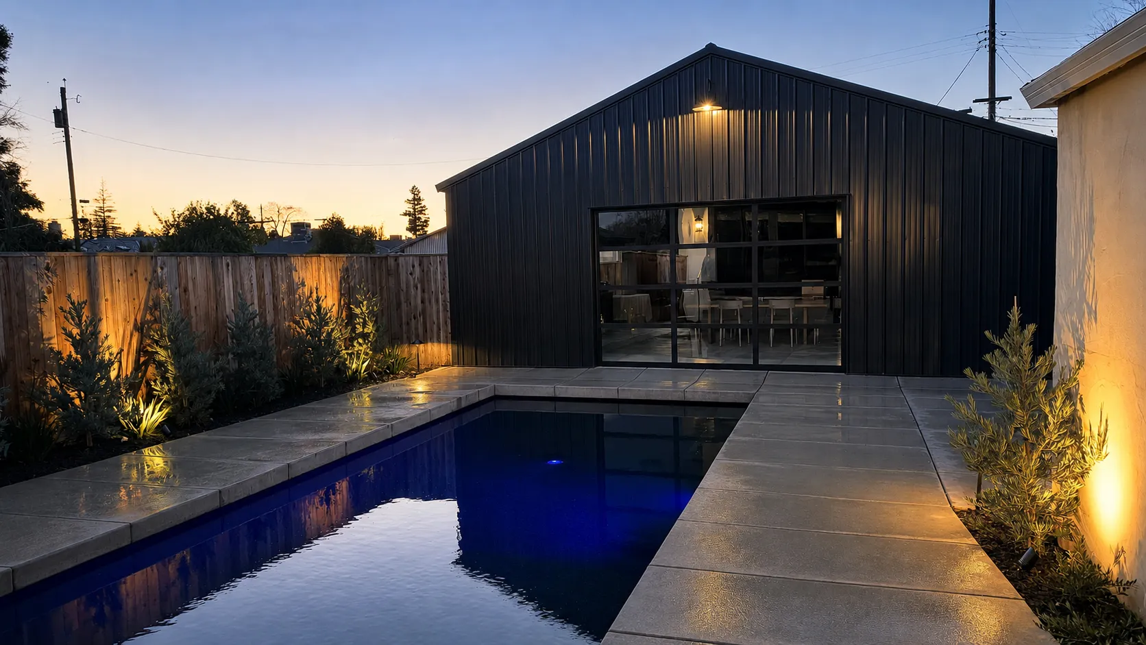 Converted airplane hangar residence at dusk near Marysville, California, with a glass garage door, lit pool, and finished decking, built by Folsom City Carpentry