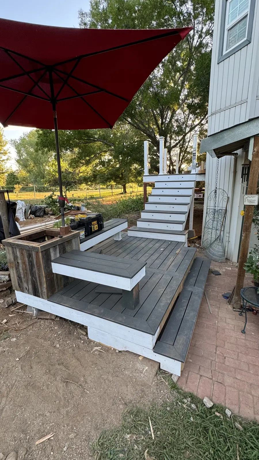 Finished lower steps and deck with composite boards down