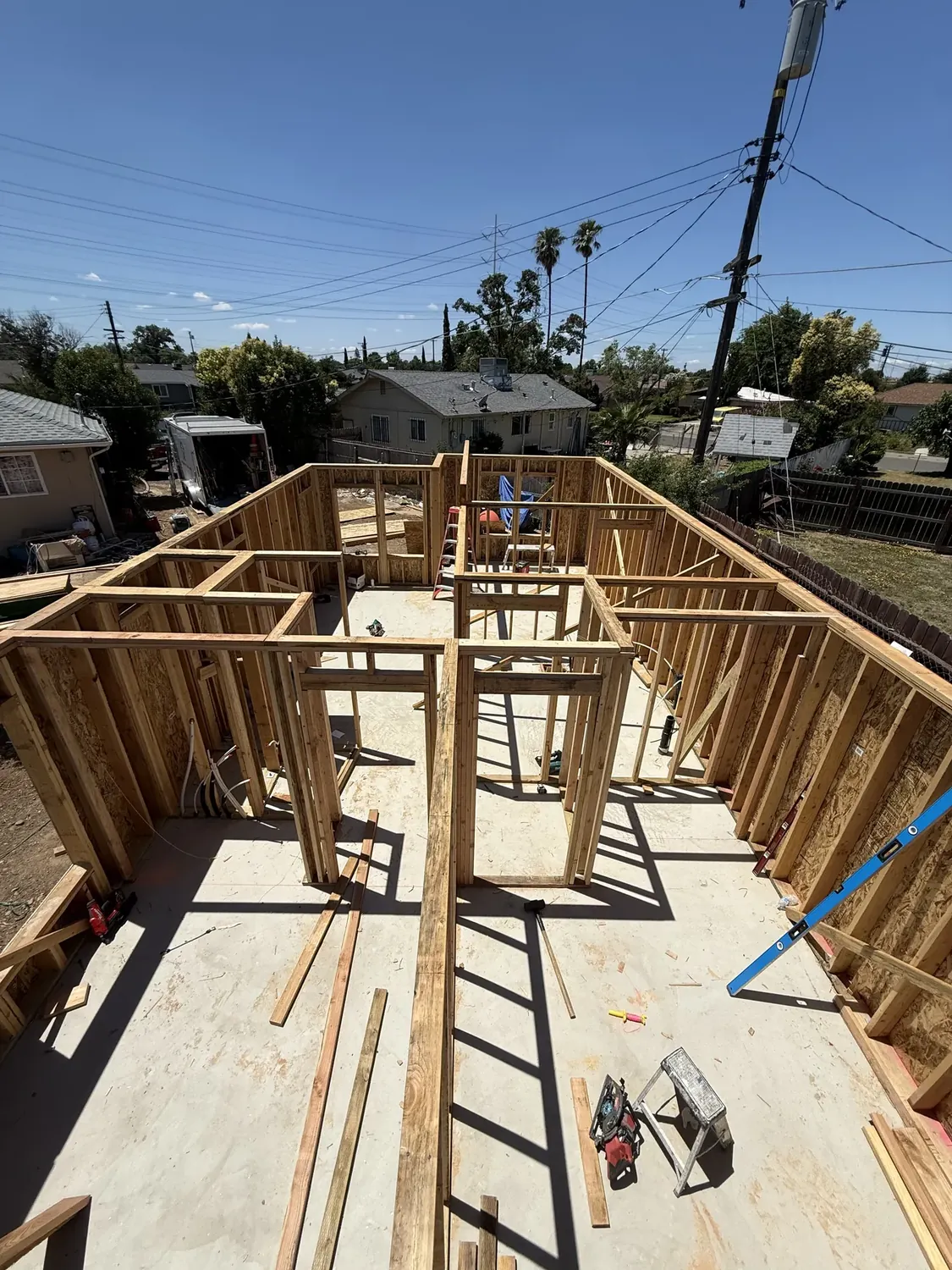 Interior partition walls and ceiling joists set inside a framed accessory dwelling unit