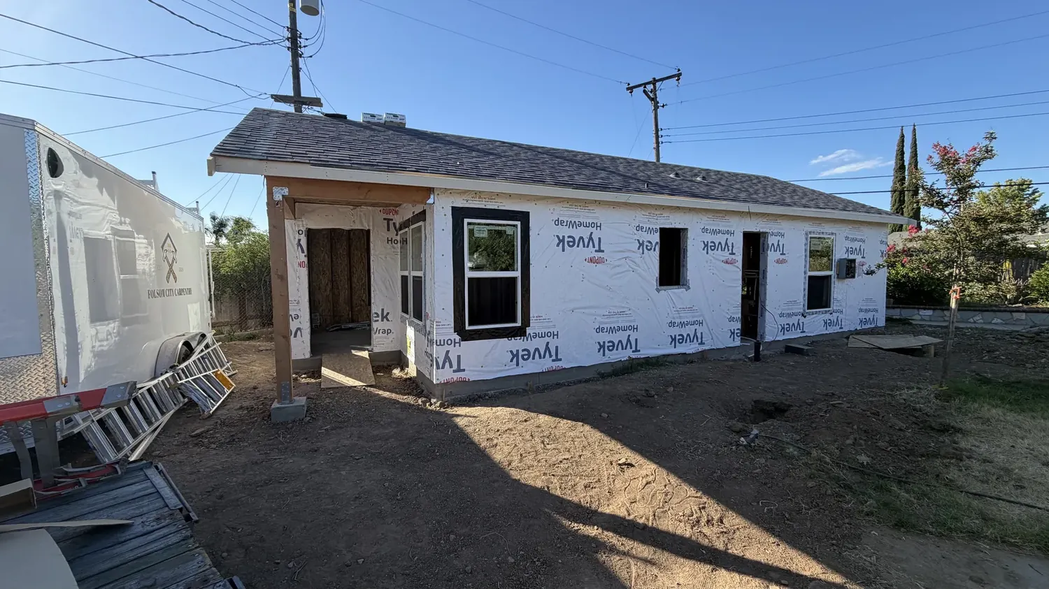 747 square foot detached ADU built on a City of Sacramento pre-approved plan, dried in with shingled roof and house wrap